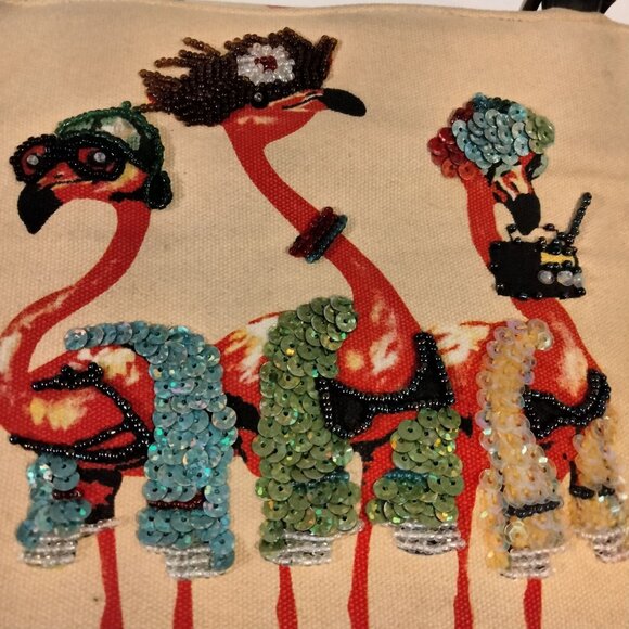 Flamingo Print Canvas Purse Bag Tote Beaded Sequins Tropical - Picture 6 of 12